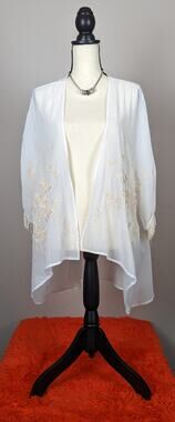 Ella Blue Cream White Floral Embroidered Fringe Sleeves Sheer Kimono M/L